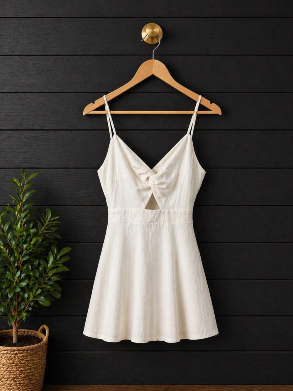 🤍🖤 White Fit & Flare Mini Dress Spaghetti Strap Cutout Front Tie Back | Small